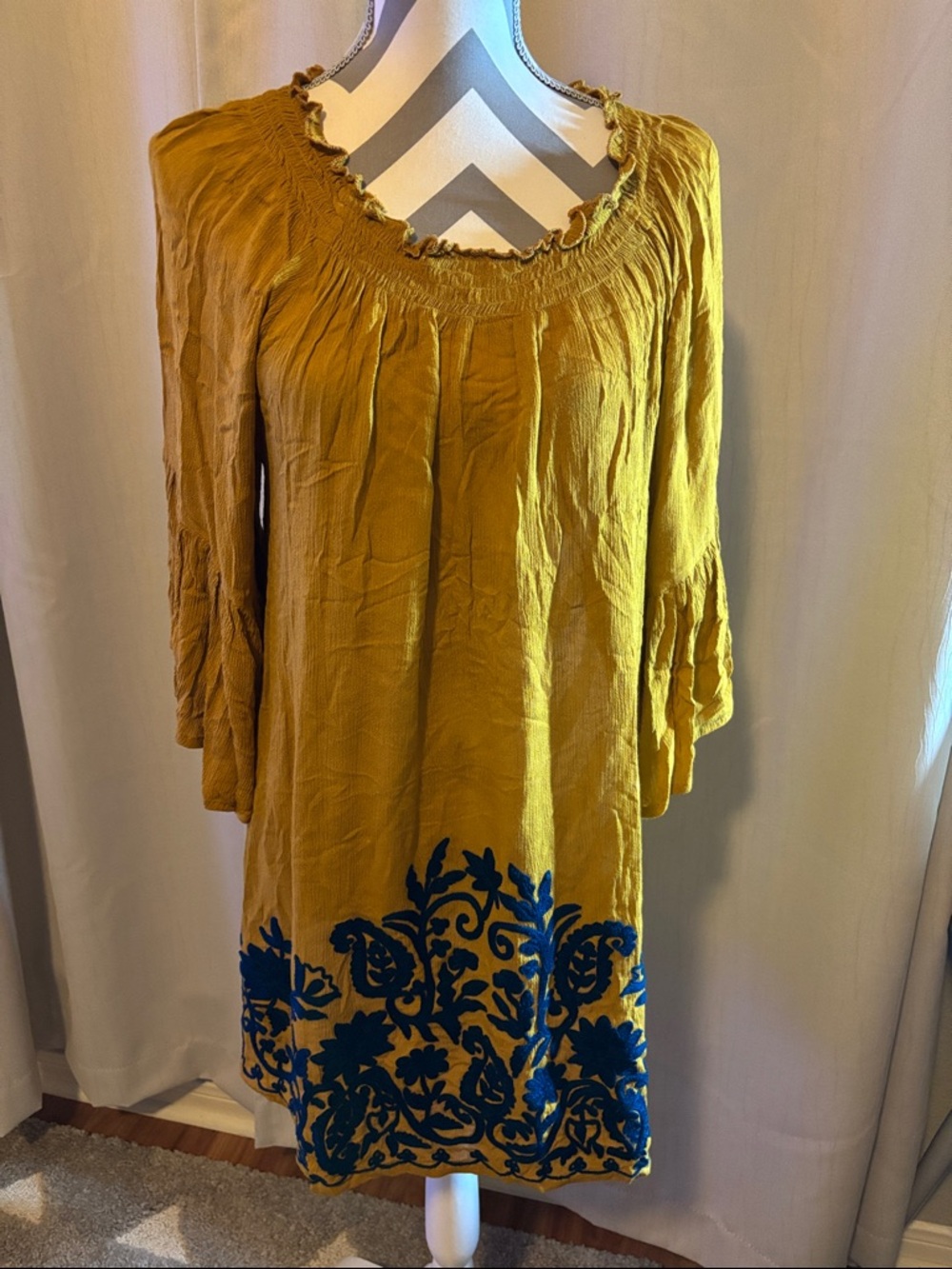 A & A Clothing Embroidered Mustard Yellow Mini Dress with Blue Hem Detail